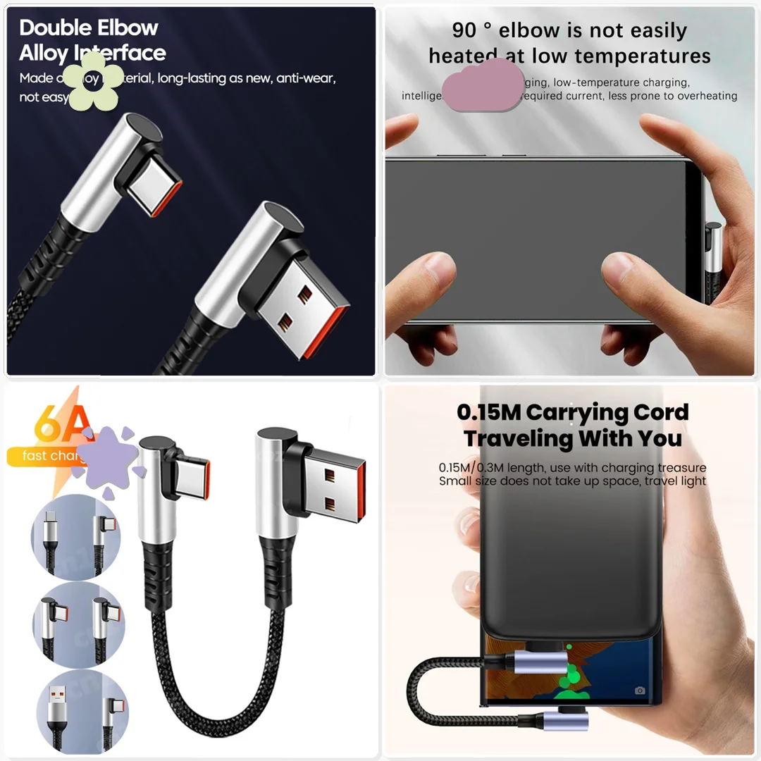 6A 90 Degree Short USB C Cable Fast Charge 25CM 50CM Train Station Waiting Quick Power Top Up