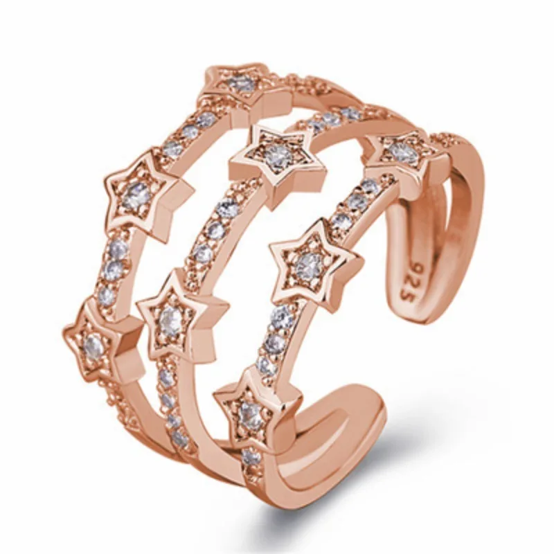 925 Sterling Silver Women's Simple White Diamond Star Ring with Diamond and Zircon Jewelry Adjustable Ring