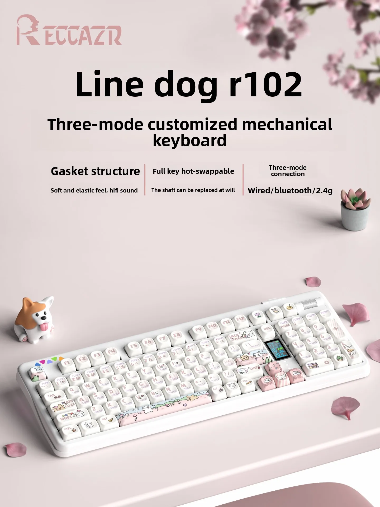 Custom Leigate R102 Cute Puppy Custom Mechanical Keyboard, GASKET Mount Hot-Swap Tri-Mode, Gaming Office Dual Use