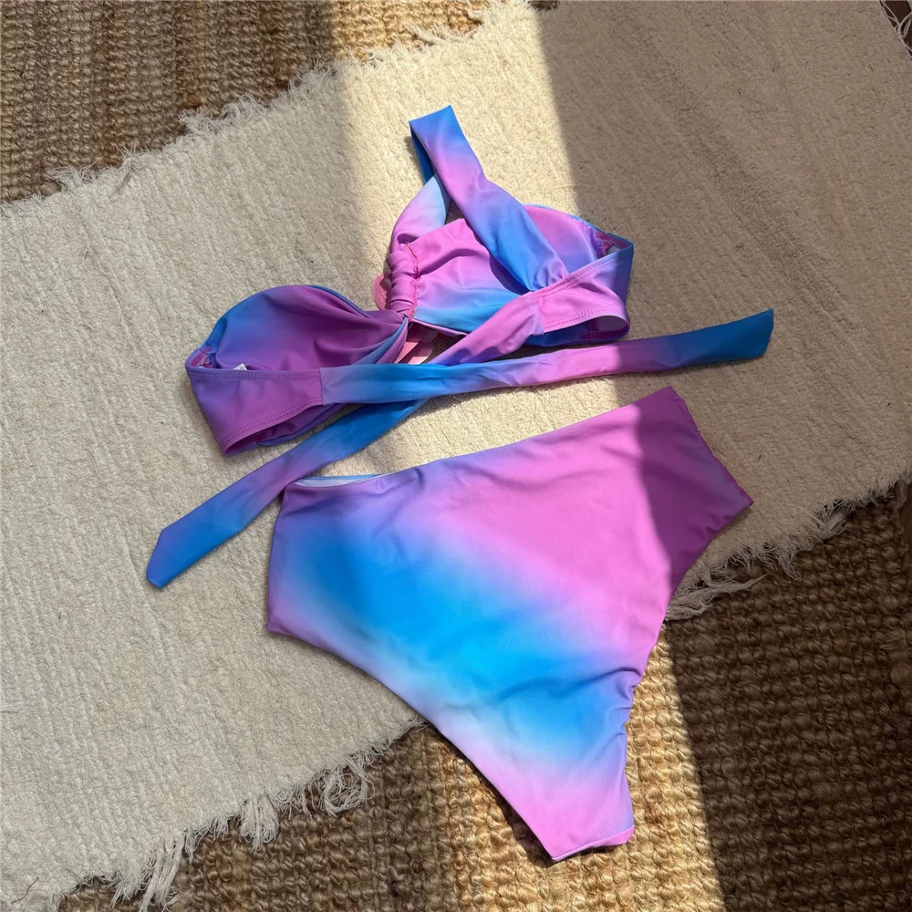 Blue Tie Dye Print High Wasit Bikinis Sets 3D Flower One Shoulder Bandeau Swimwear Sexy Swimsuit Women 2025 Bathing Suit Bikini