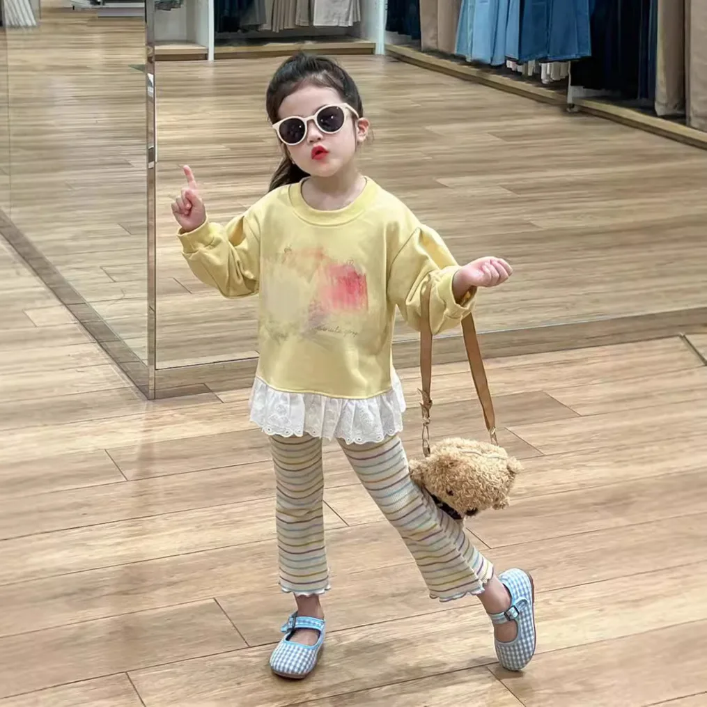 Korean Girls Set 2025 Autumn Style Cartoon Printed Lace Hoodie with Striped Fungus Edge Leggings