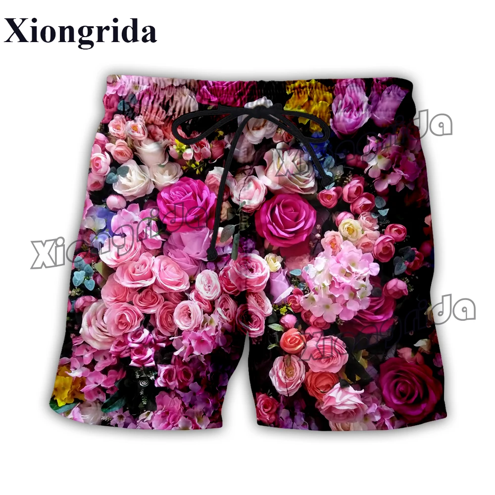 Mens Flower Rose Print Board Shorts 3D High Waist Elastic Waist Casual Shorts Summer Harajuku Swimming Trunk Beach Shorts