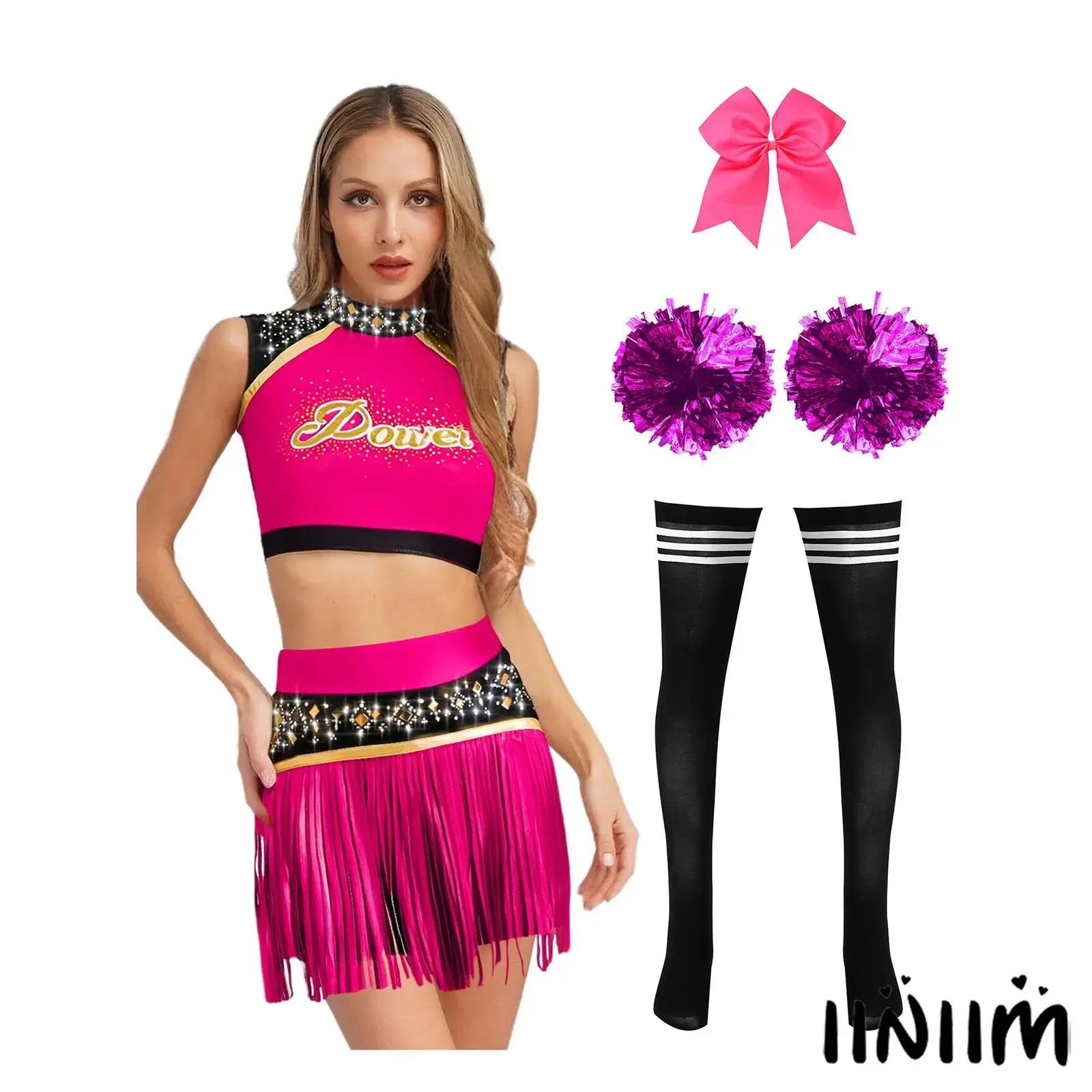 

Womens Vibrant High School Cheer Set Shiny Rhinestone Design with 5 Piece Cheerleading Outfit Suit for Campus Games And Practice