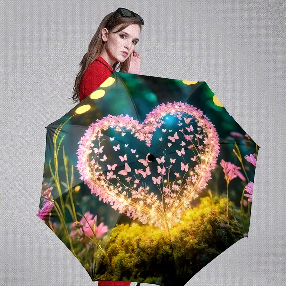 Butterfly Floral Heart Fairy Lights in Enchanted Forest Design portable waterproof sun rain umbrella for outdoor travel beach