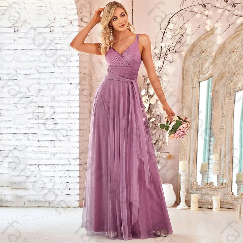 Customized Lavender A Line Long Bridesmaid Dress V Neck Sleeveless Pleated Belt Country Beach Wedding Formal Evening Party