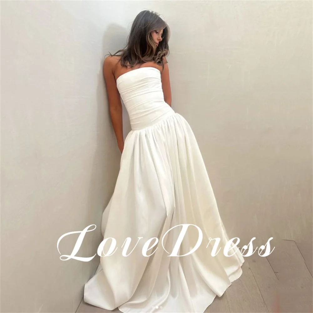 Love Charming Strapless Pleat A-Line Elastic Stain Bride Gown Elegant Sleeveless Floor Length Wedding Dresses Vestidos de novia