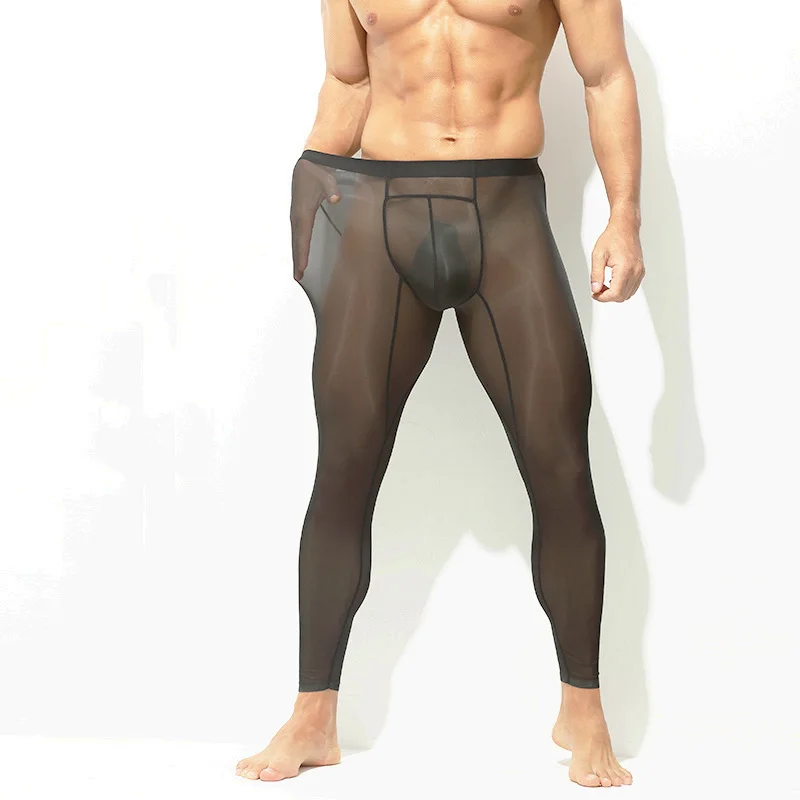 Men Long Johns Transparent Nine-Point Pants High-Elastic Shark Leggings Stretchy U Convex Pouch Sweatpants Ultra-Thin Underwear