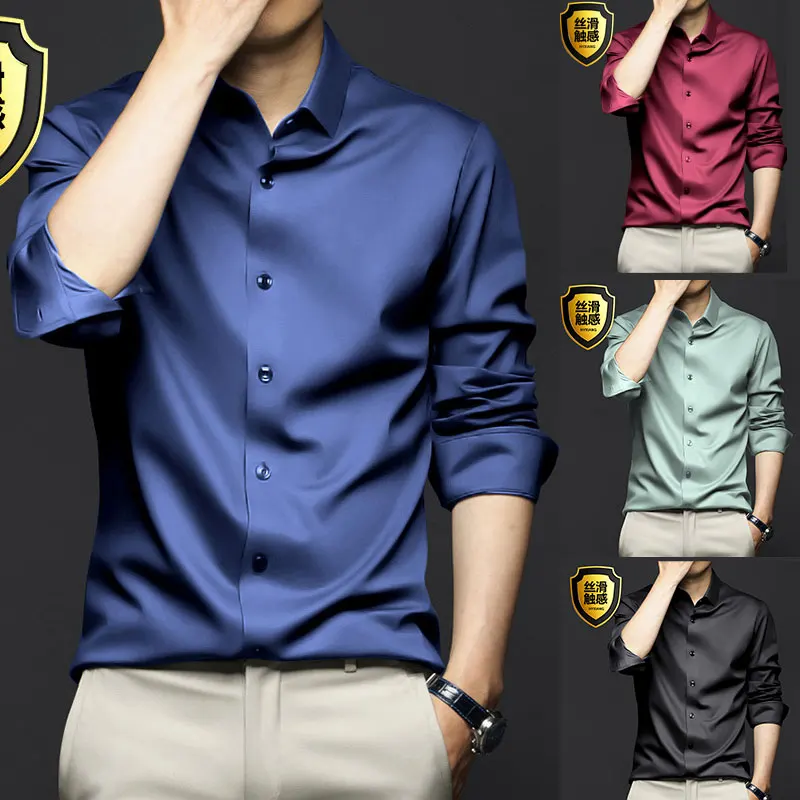 6XL men\'s long sleeve shirt Spring and Autumn ice silk formal high quality business casual wear large size slim fit