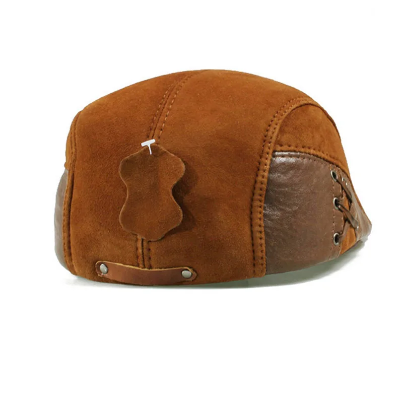 Golf European Style Genuine Leather Caps Beret Man Casual Sheepskin Suede Black/Brown Fitted Duckbill Hats Male Boina