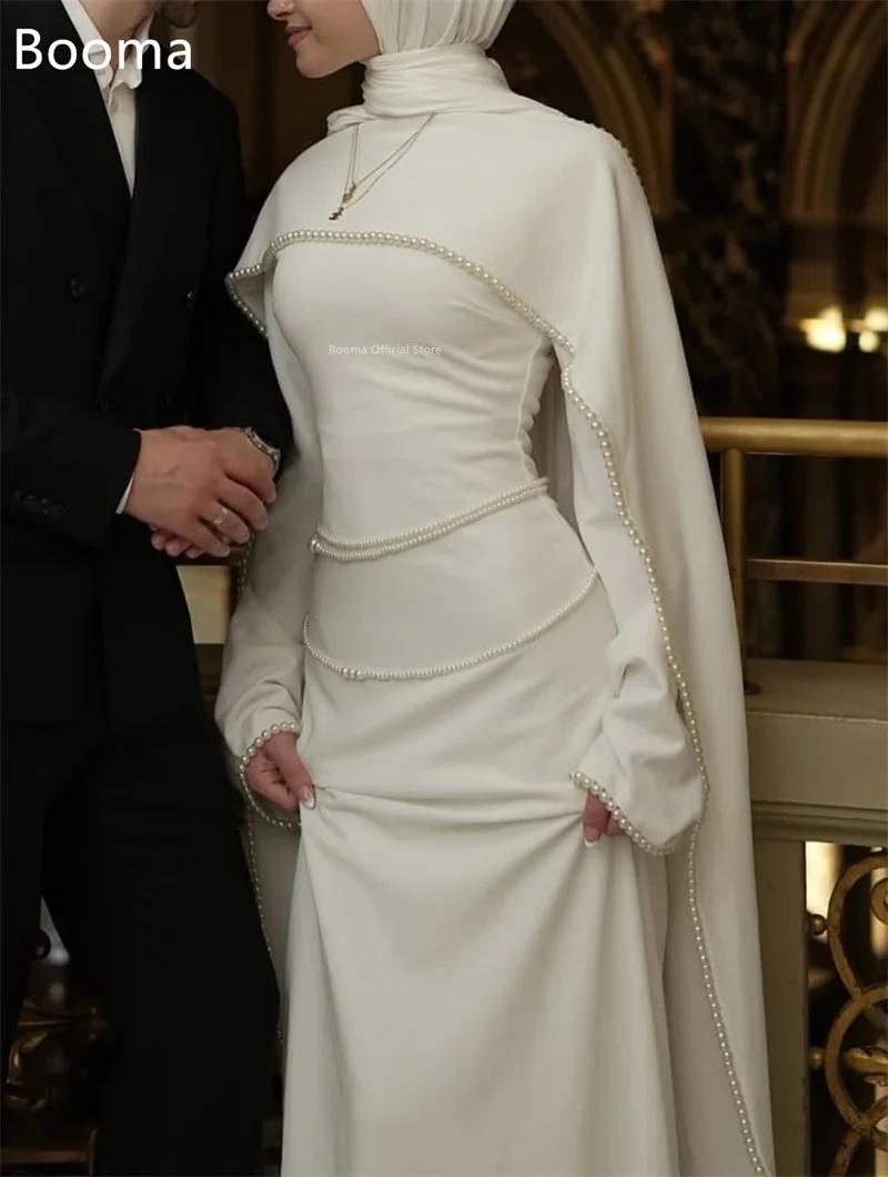 Booma حورية البحر لؤلؤ طويل فساتين زفاف بسيطة كم طويل مطوي فستان عرائس أنيق مصنوع حسب الطلب 2025