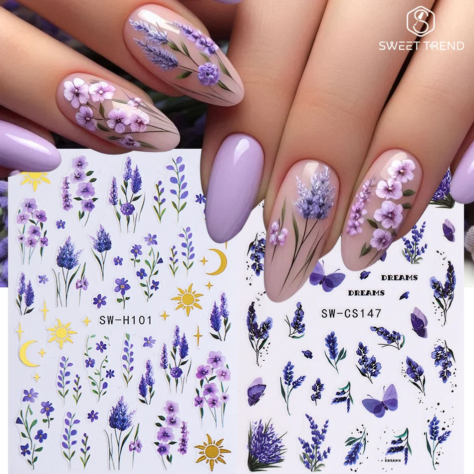 2pcs Elegant Purple Lavender Nail Stickers Summer Romantic Flower Butterfly Adhesive Nail Decals DIY Manicure Decor Accessories