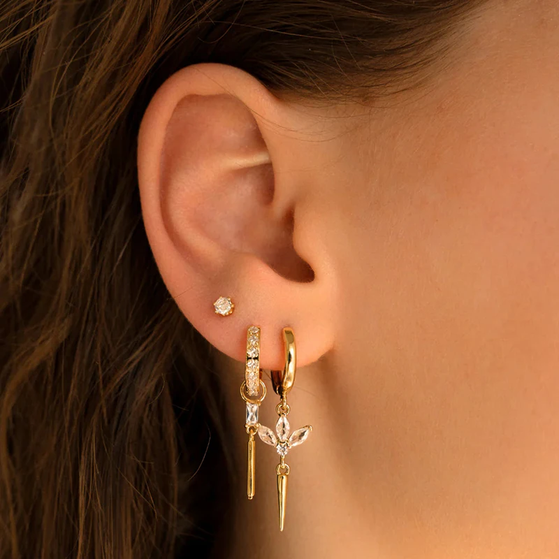 925 Sterling Silver Needle Fashion Pave Crystal Hoop Earrings For Women Punk Sun/Rivet Pendant Earrings Luxury Jewelry Gifts