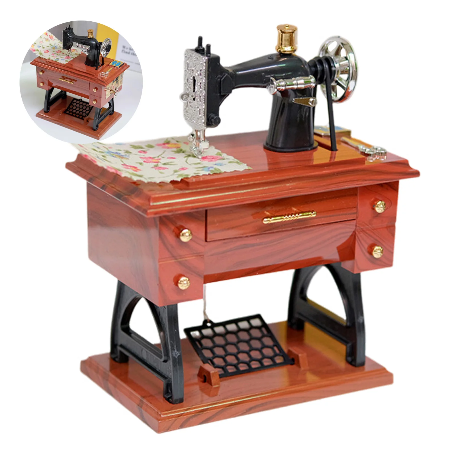 Home Decor Music Box Retro Wind Up Sewing Machine Ornament Wood Grain Desktop Accessory Gift for Office Table Decoration