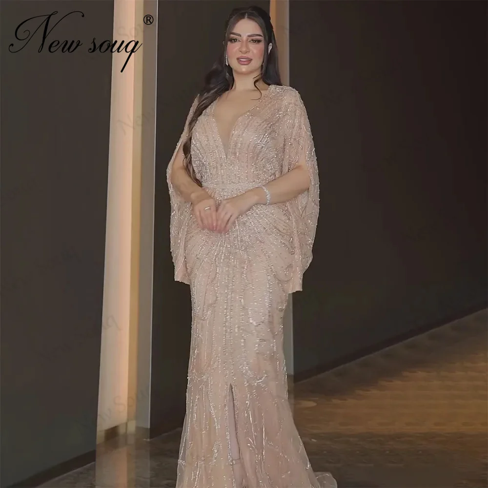 New Elegant Sequins Split Side Evening Dresses Haute Coutures Dubai Women Party Dress Arabic Beaded Engagement Prom Dress Robes