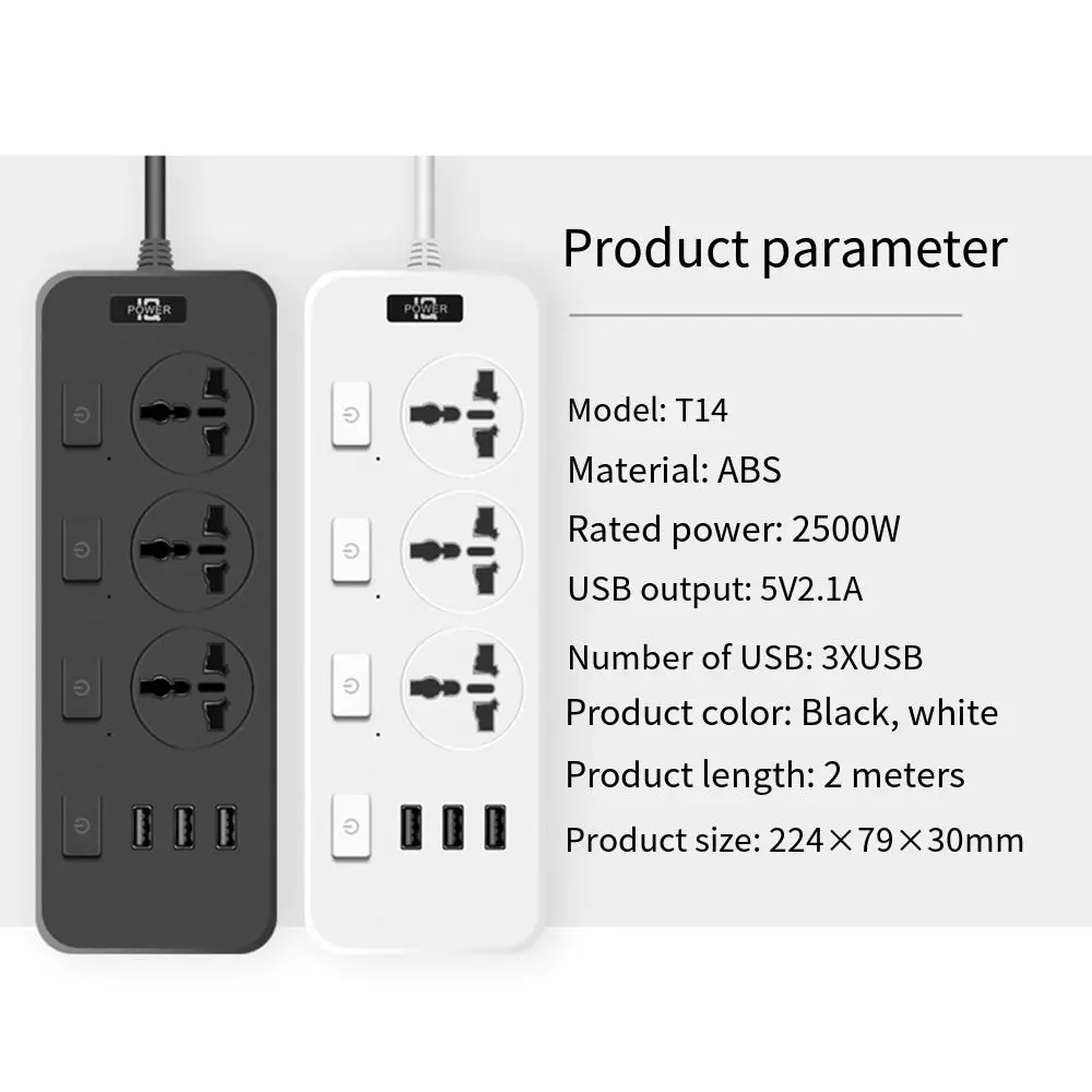 Durable Universal Electric Plug Socket US UK EU Plug 2500W Power Strips 3 USB Ports 3 Outlet Power Extension Board Dorm