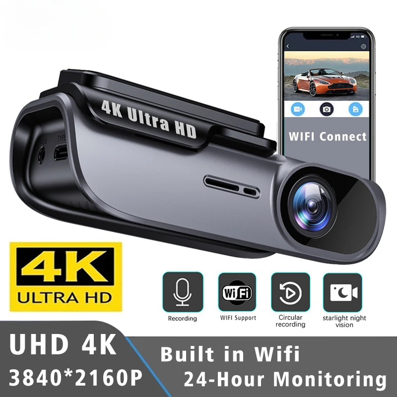 

UHD 4K 3840*2160P Dash Cam WIFI Car DVR Camera Video Drive Recorder Dashcam Registrar Black Box 24 Hour Monitoring Night Vision