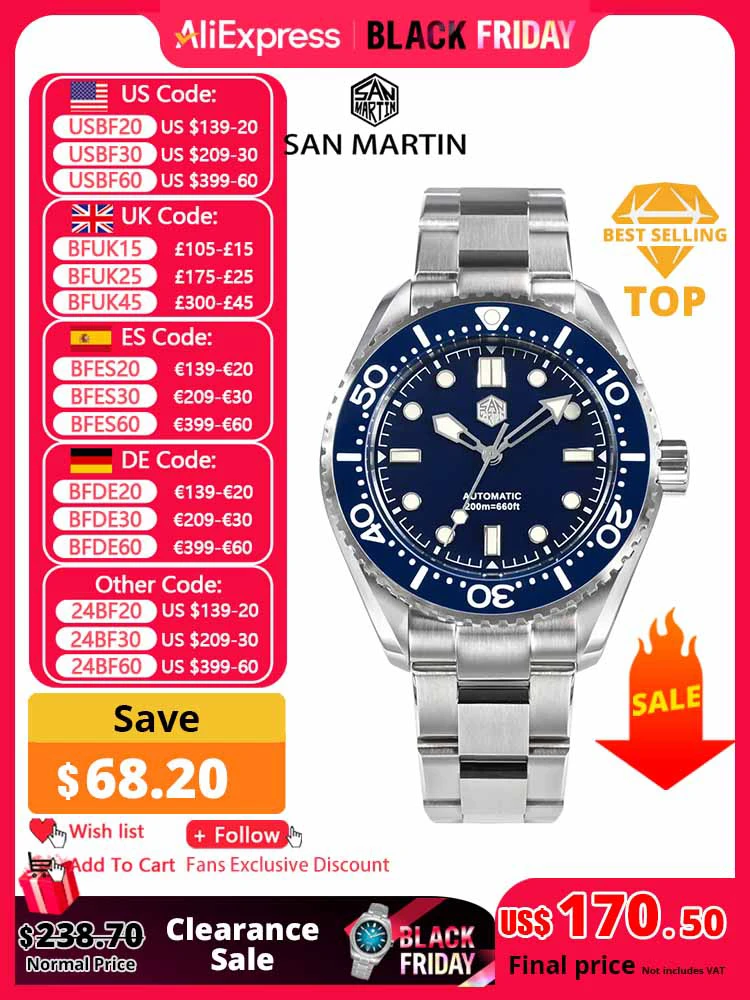 San Martin Men Watch 41.5mm Diver Enamel Dial Top Brand Vintage Classic Luxury Miyota Automatic Mechanical 20 ATM BGW9 Luminous