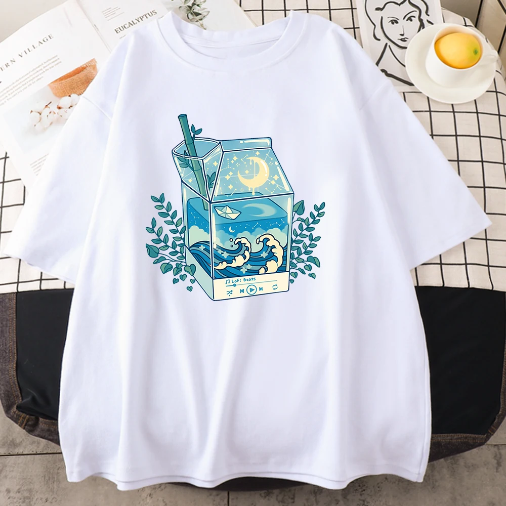 Milk Box Moonlight Waves Prints Man Cotton Clothing Creativity Casual Crewneck T-Shirts All-math Breathable Mens Short Sleeve