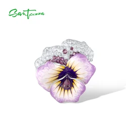 SANTUZZA Authentic 925 Sterling Silver Brooch for Women Sparkling Created Purple Delicate Pansy Fine Jewelry Handmade Enamel