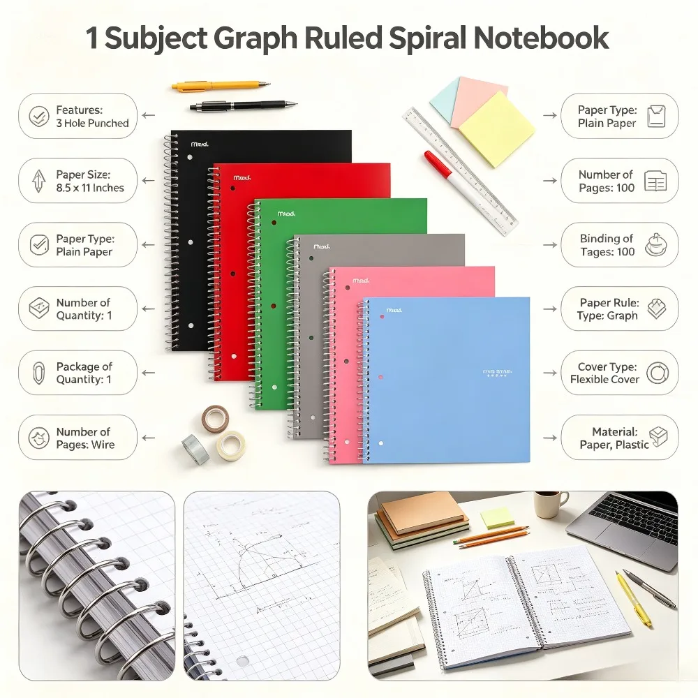 Single Subject Graph Ruled Spiral Notebook, 100 Pages, 8.5"x11", Flexible Cover, 3 Hole Punched, Assorted Multicolor Covers, Grid Notebook for School & Office