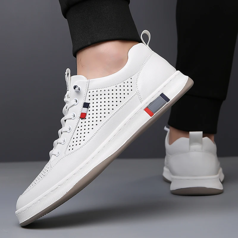 

Men's Breathable Perforated Leather Casual Sneakers Slip-on White Skate Shoes for Daily Street Style