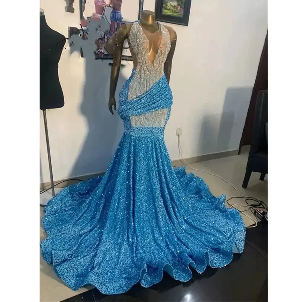 

Blue V Neck Long Mermaid Prom Dresses For Black Girls 2024 Beaded Crystal Birthday Party Gown Sparkly Sequined Evening Dresses