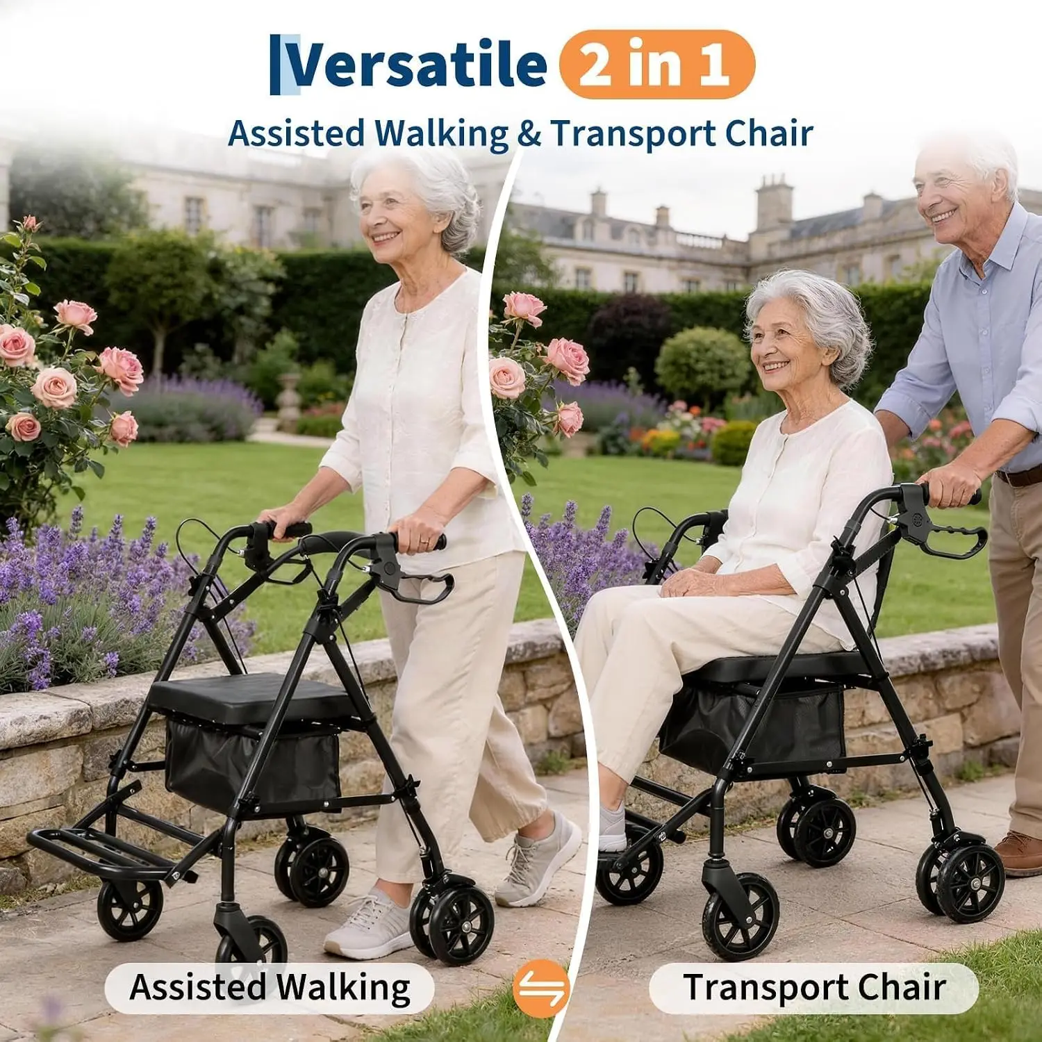 Tacleekii Lightweight 2-in-1 Rollator Walker & Wheelchair for Adults & Seniors, Adjustable Height, Carbon Steel Frame, 6