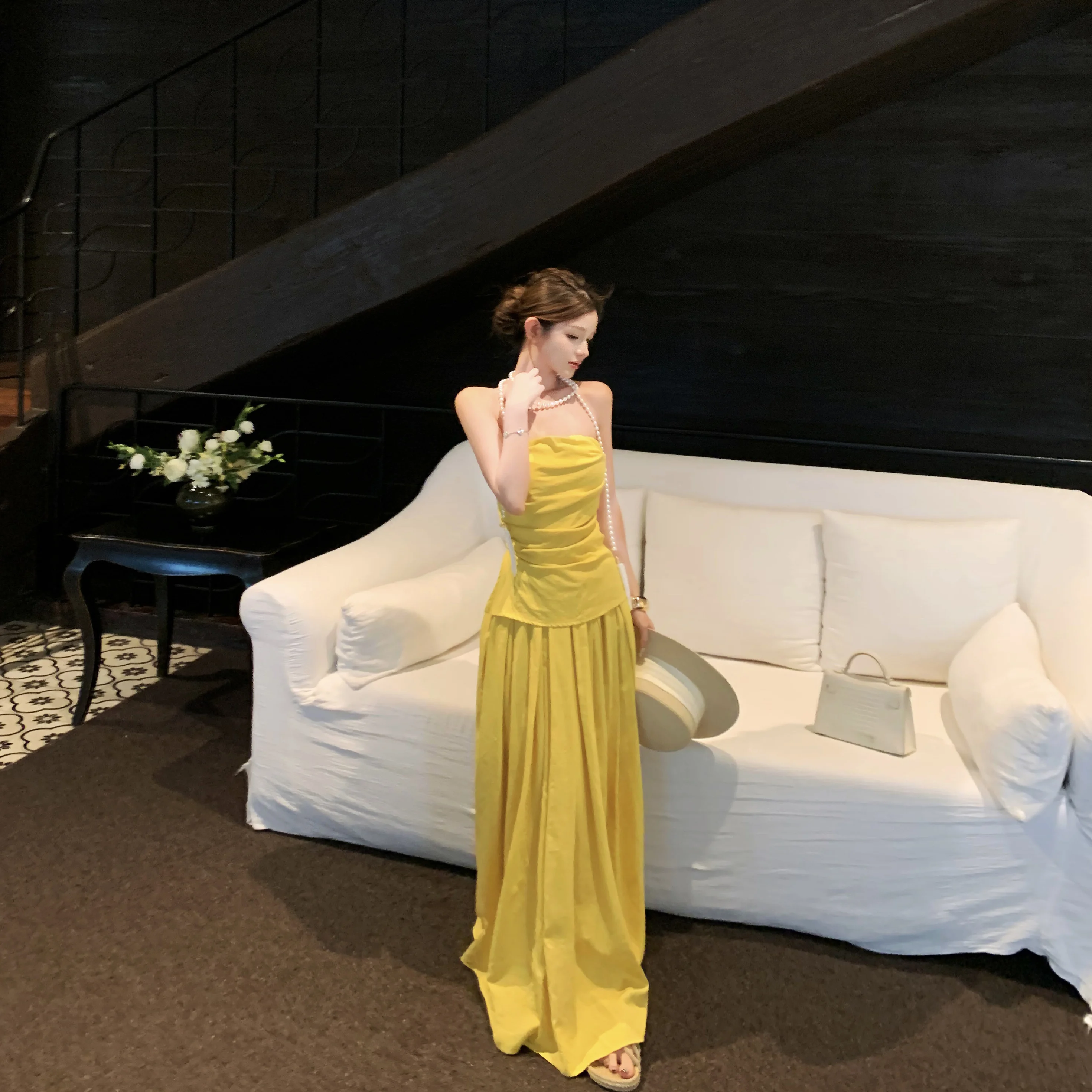 

Женский комплект: топ и юбка миди в стиле французской моды, приталенный крой, весна-лето, желтый