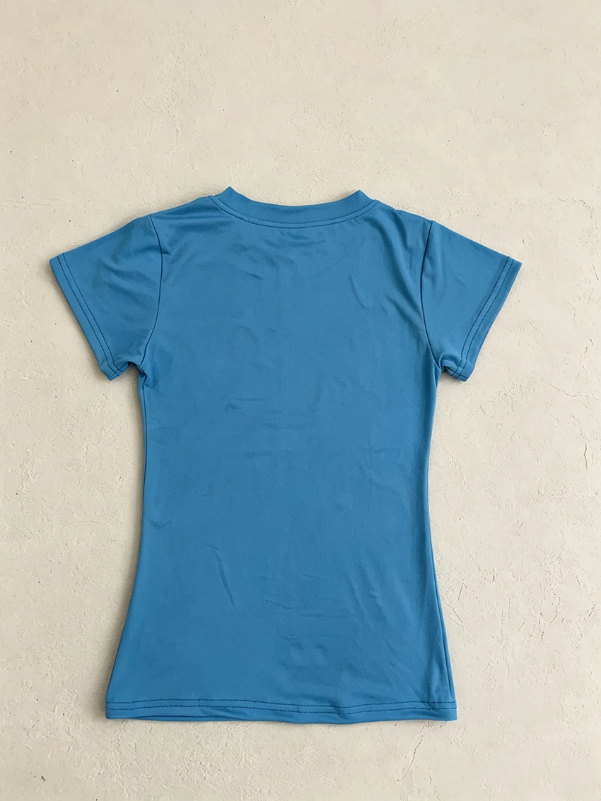 Summer Vacation Women Fitted T-Shirt Rhinestone Surfing Wave Palm Tree Pattern Crew Neck Short Sleeve Y2K Blue Casual Daily Tops