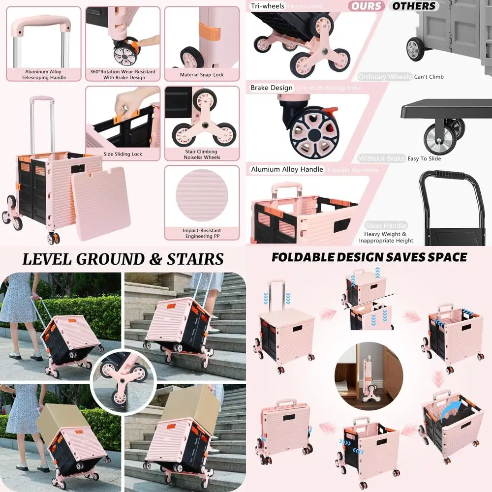 

Portable Folding Utility Cart with Stair-Climbing Wheels, 360° Swivel Wheels, Telescoping Handle, and Plastic Box for Travel, Sh