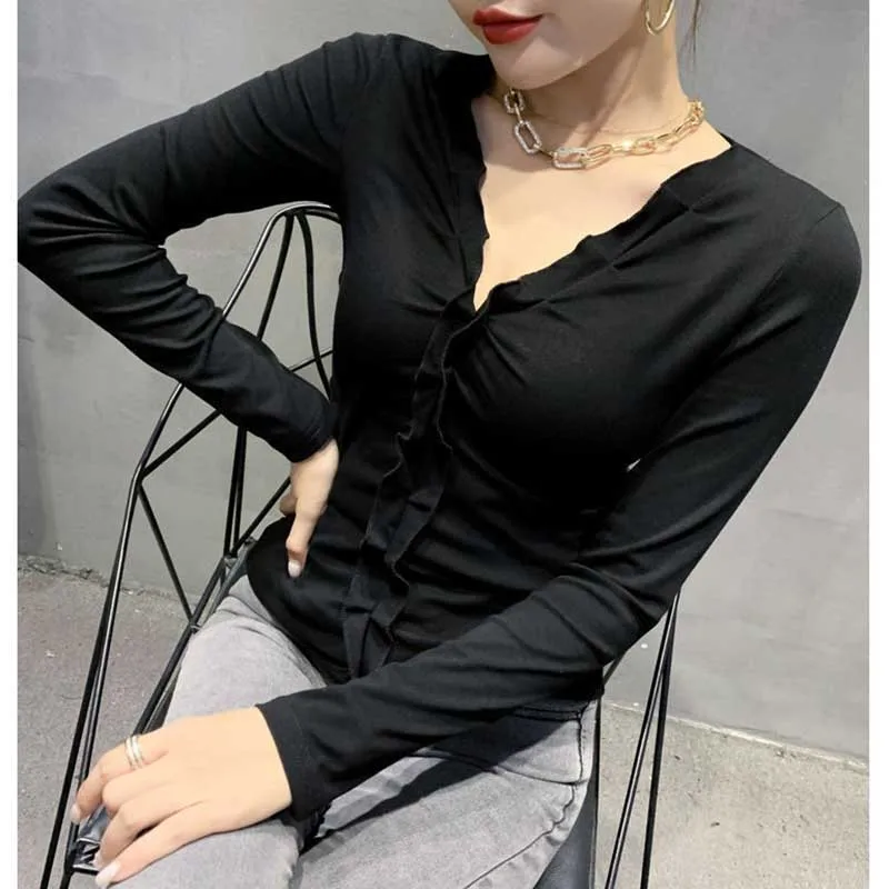 Fashion V-Neck Spliced Folds Ruffles T-Shirt Women\'s Clothing 2023 Winter Slim Solid Color All-match Tops Office Lady Tee Shirt