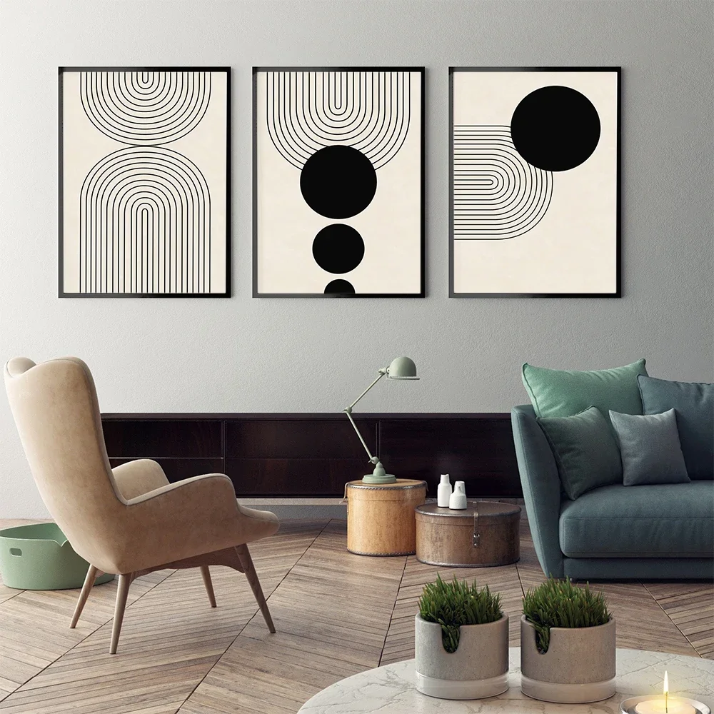 Arte de pared abstracto escandinavo, arcos geométricos Beige y negros, líneas geométricas, impresión de póster HD, decoración para el hogar, dormitorio y sala de estar