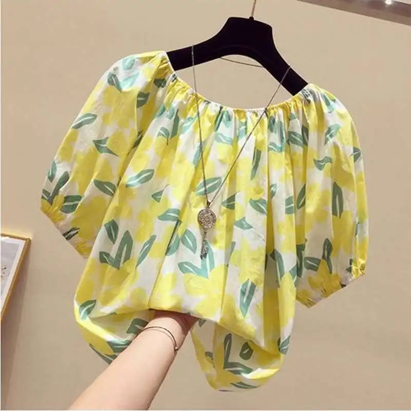 

Floral Collar ort-Sved T-irt Top Women's Summer Loose Fit irt Casual Polyester Fiber 00% Spring Collection