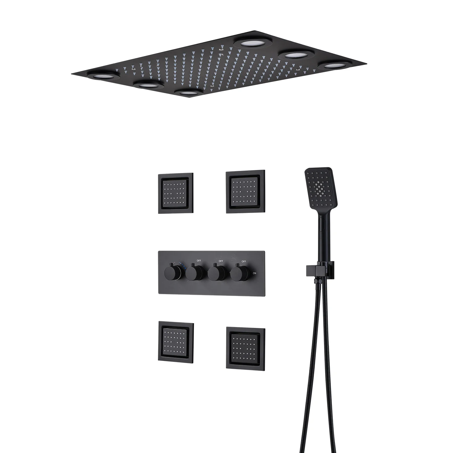 LED Black Shower Set Ceiling Rainfall Bathroom Shower Panel Set 4'' Massage Body jets 360x500mm