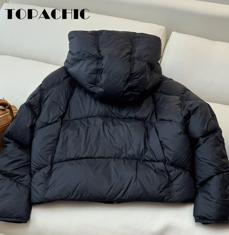 8.28 TOPACHIC-Women Adjustable Drawstring Hooded Short Down Jacket Zipper Loose Casual Down Outerwear