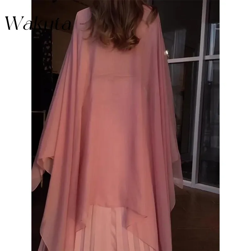 Wakuta Elegant Round Neck Long Sleeved Shawl Satin Dress Temperament Party Club Pleated Evening Vestidos De Fiesta Two-piece Set