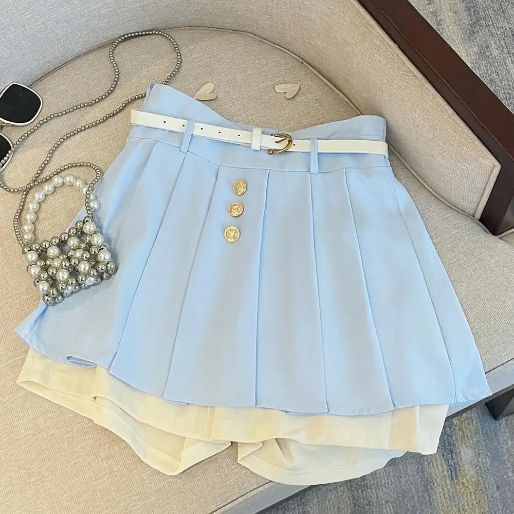 2023 New Women\'s Fashion blue Suit Split Shirt and Shorts skirt Summer Casual Ladies Office Workt Two-piece Suit Set clothing