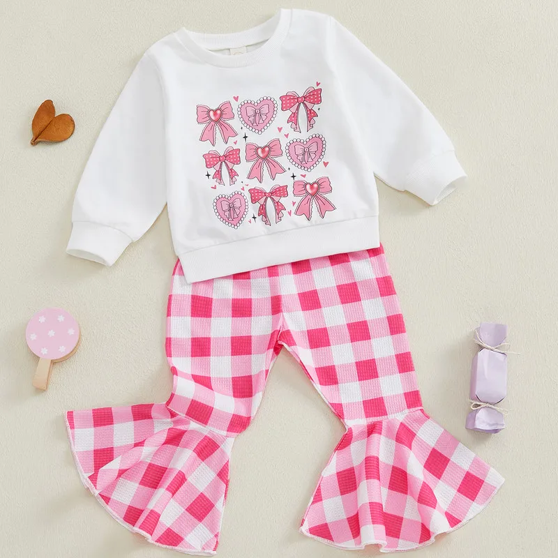 

6 Months to 4 Years Toddler Girls Pant Sets Autumn Clothes Bow Heart Long Sleeve Sweatshirt and Elastic Plaid Flare Pants