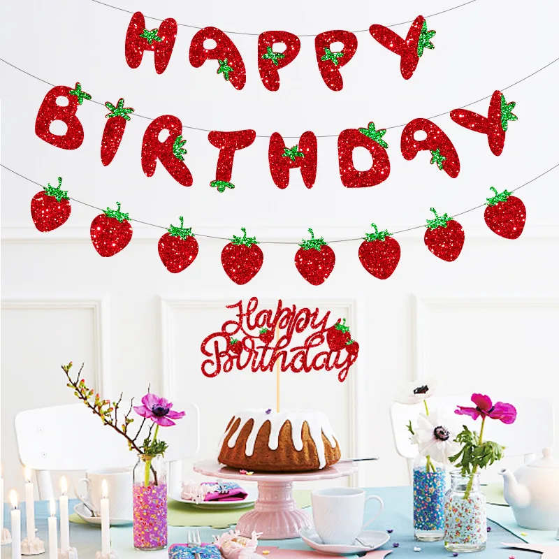 Happy Birthday Strawberry Cake Topper Birthday Flags Strawberry Sweet Party Banners Home Cake Baking Decor Supplies DIY