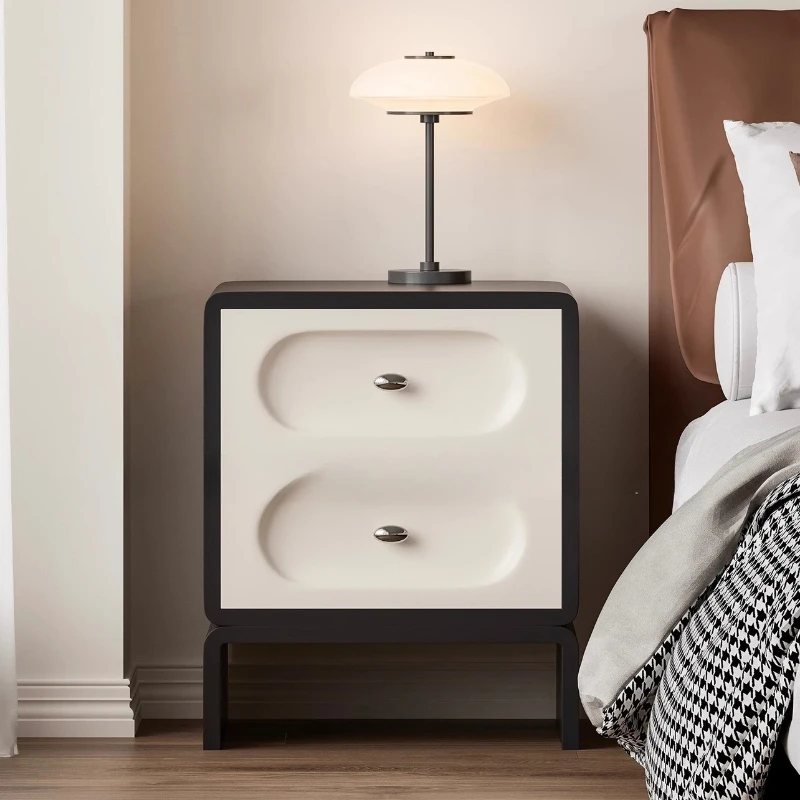 

French light luxury cream style bedroom bedside table modern simplicity high sense black and white bedside storage cabinet