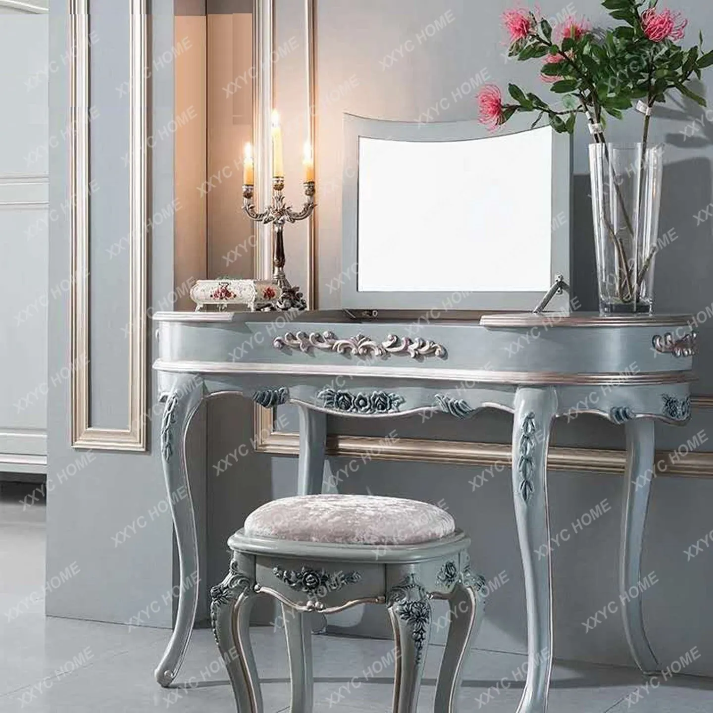 Neoclassical solid wood carving flower dresser simple bedroom storage cabinet integrated flip makeup table mirror