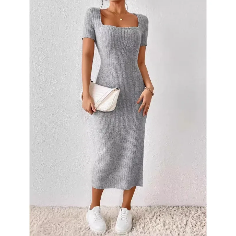 Ropa Para Mujer Vintage Ribbed Knit Midi Dress Women, Square Neck Long Sleeve Bodycon Dress, Color Block Trim Slim Fit Evening
