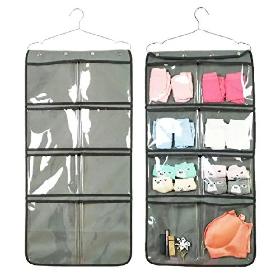 

Durable Hanging Closet Underwear Sock Bra Stocking Organizer Dual-Sided Accessories Storage with 16 Large Clear Pockets Grey
