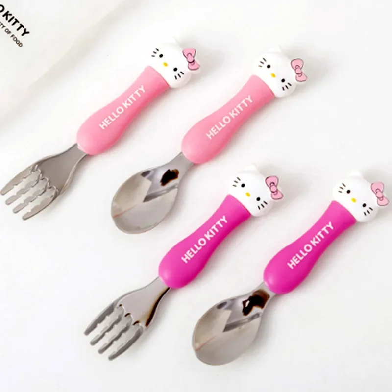 Hello Kitty Spoon Fork Travel Portable Cutlery Set 2pcs Set Kids Gadgets Dinnerware Set Stainless Steel Baby Cartoon Tableware