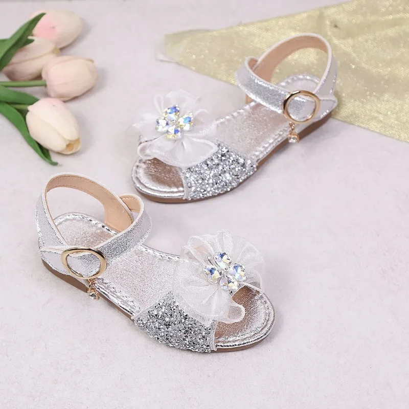 Kids Princess Sandals Sweet Lace Bows Girls Dance Shoes Shiny Sequins 2026 Summer New Children Fashion Shoes for Party Wedding
