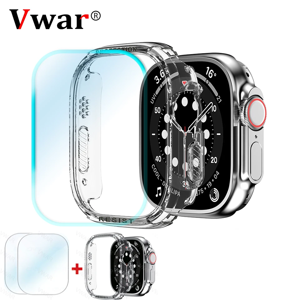 2pcs Tempered Glass Screen Protector + Protective Case for Apple Watch Ultra 49mm for Hello Watch 3 Plus HK8 Pro Max Accessories