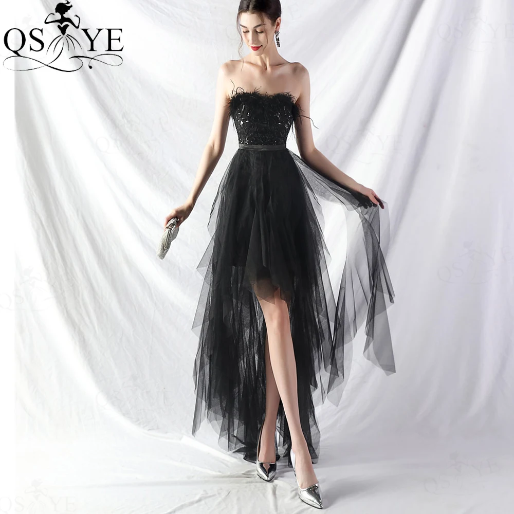 

Black Ostrich Fur Prom Dresses High-low Ruffles Tulle Off Shoulder Petite Evening Gown Sequined Bodice Short Front Long Back