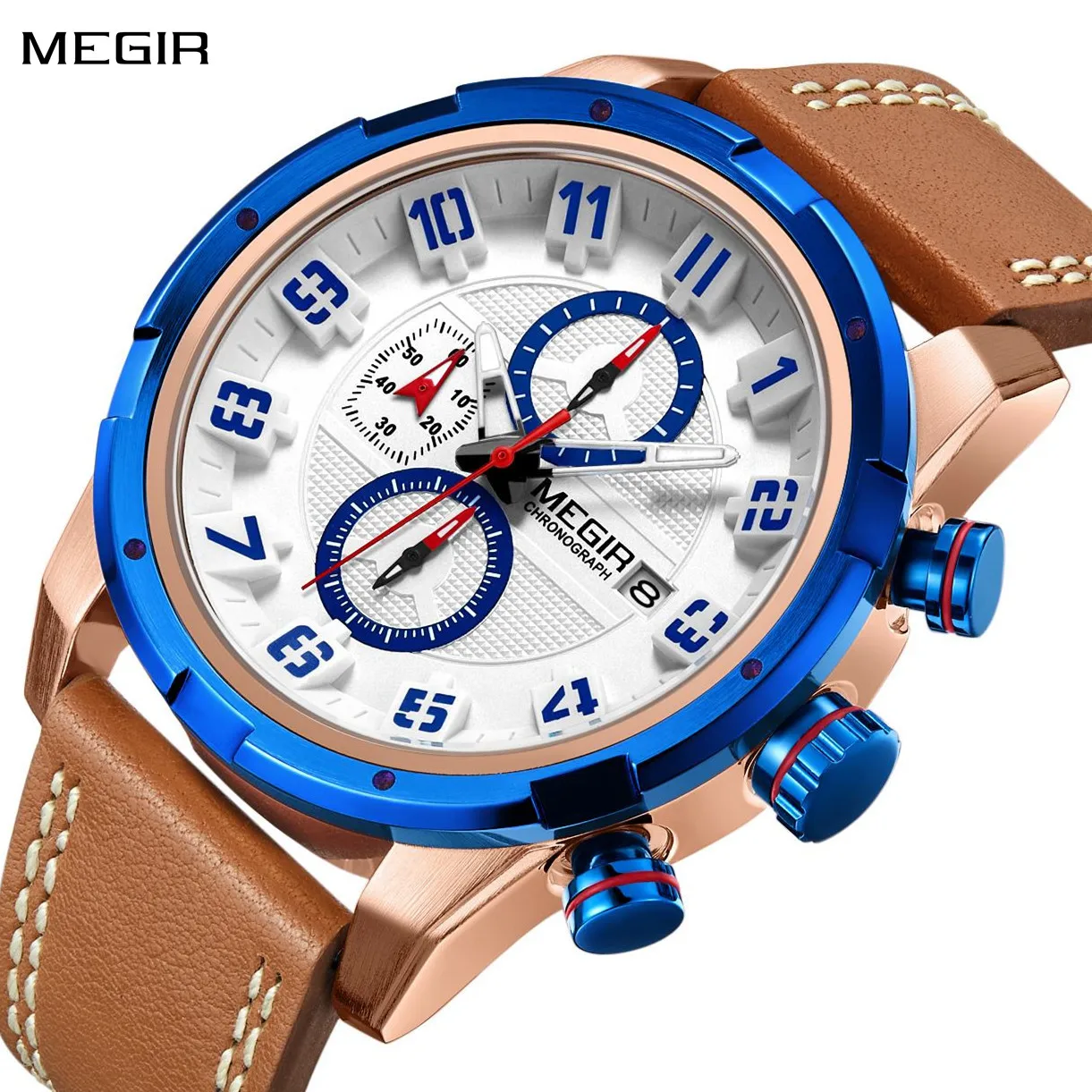 

MEGIR Chronograph Sport Watch Men Clock Leather Quartz Men Wrist Watches Time Hour Military Wristwatches Relogio Masculino