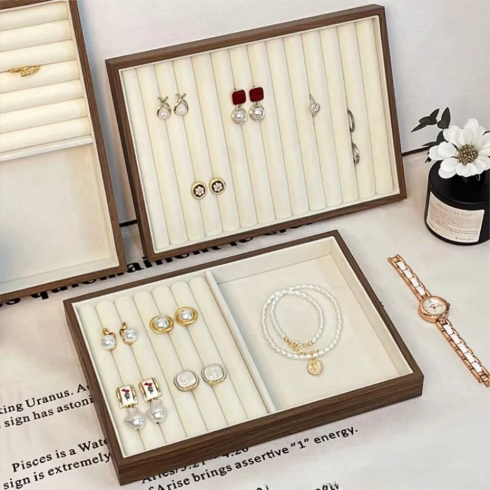 Multi-Compartment Wooden Jewelry Display Tray Velvet Lining Solid Wood Earrings Storage Holder Space Saving Flat Bottom