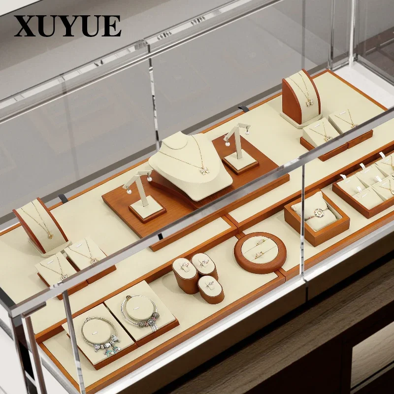 White microfiber solid wood jewelry display props, necklace display rack, jade bracelet jewelry display platform